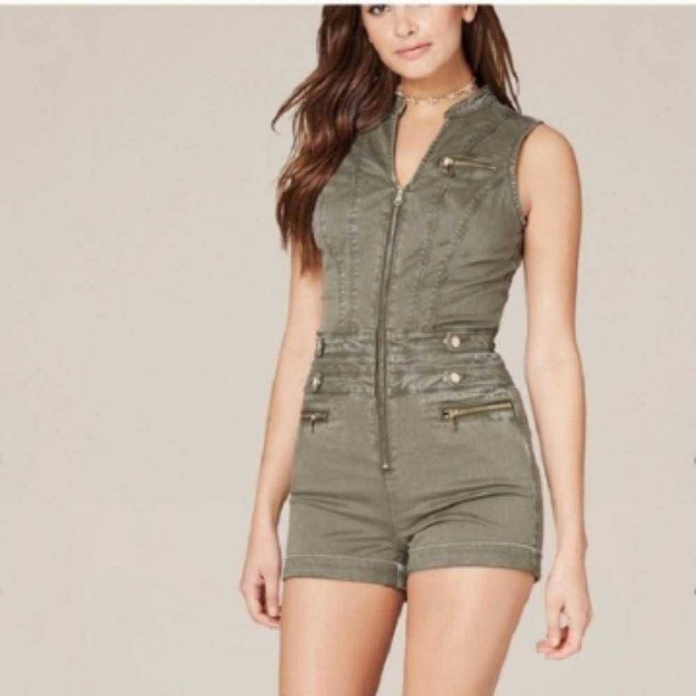 NWOT Bebe Nikita Stretch Army Green Romper, Sz 28